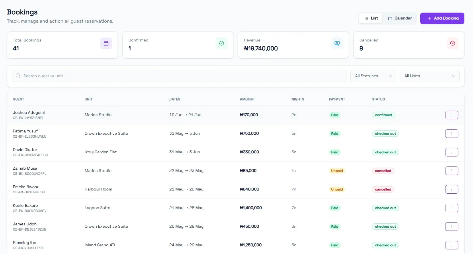 Shortlet booking calendar and guest messaging interface