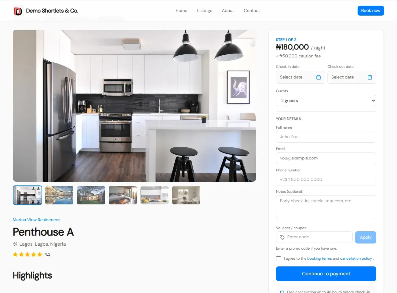 Custom direct booking storefront website for shortlet operators